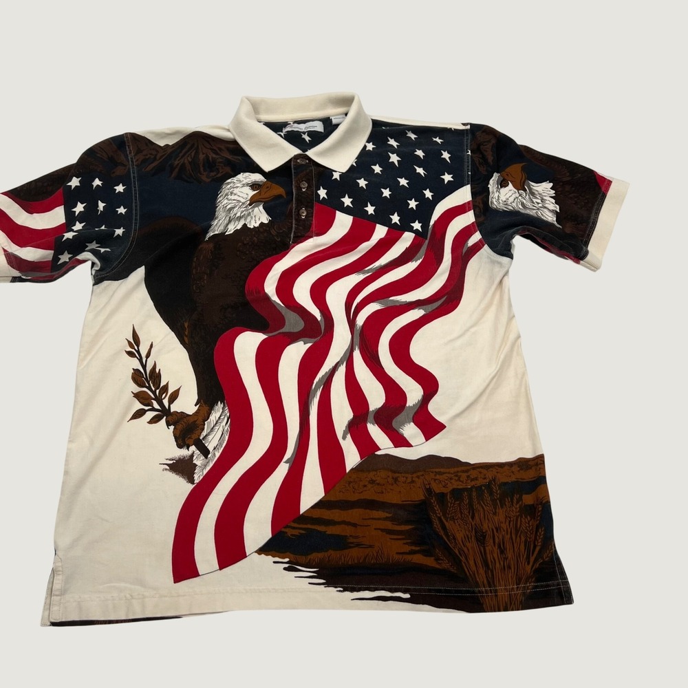 American Summer Mens Eagle American Flag All Over Print Polo Shirt‎ Large USA